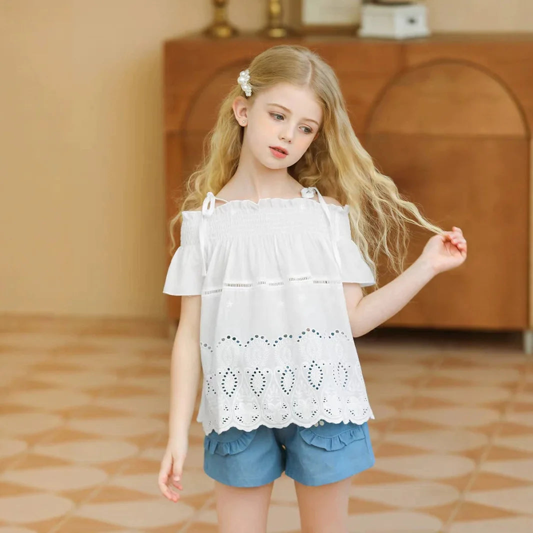 موضة 2025 صيف بنات' cute كاجوال طقم قطعتين جديد lace shoulder توب & jeans
