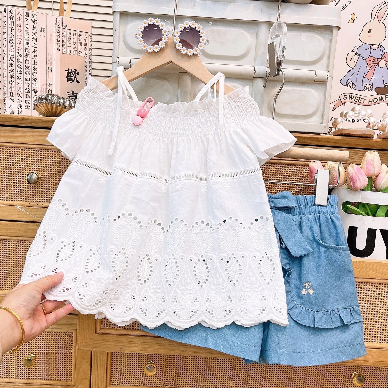 موضة 2025 صيف بنات' cute كاجوال طقم قطعتين جديد lace shoulder توب & jeans