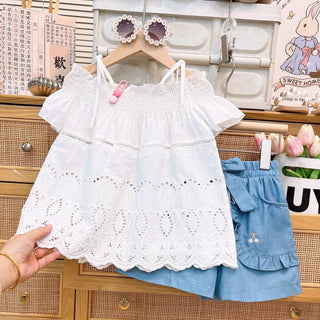 موضة 2025 صيف بنات' cute كاجوال طقم قطعتين جديد lace shoulder توب & jeans