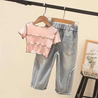 موضة 2025 صيف high waist tight أكمام قصيرة بنات' طقم قطعتين جديد age range canvas fabric suspenders plus jeans