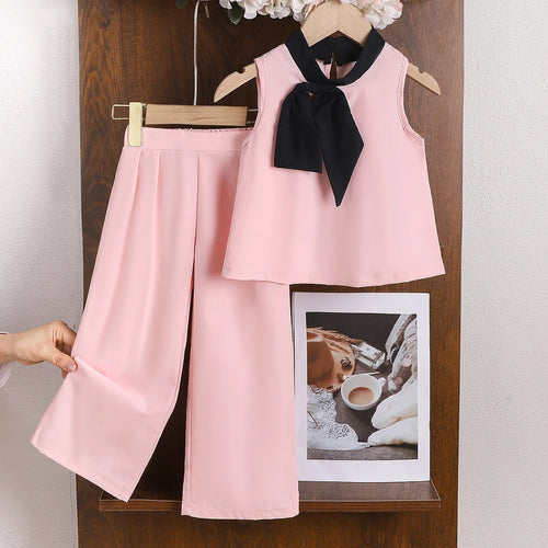 موضة 2025 صيف hot multi-color كاجوال print بدلة for بنات round neck بدون أكمام loose توب and trousers for children