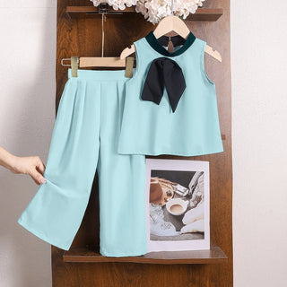 موضة 2025 صيف hot multi-color كاجوال print بدلة for بنات round neck بدون أكمام loose توب and trousers for children