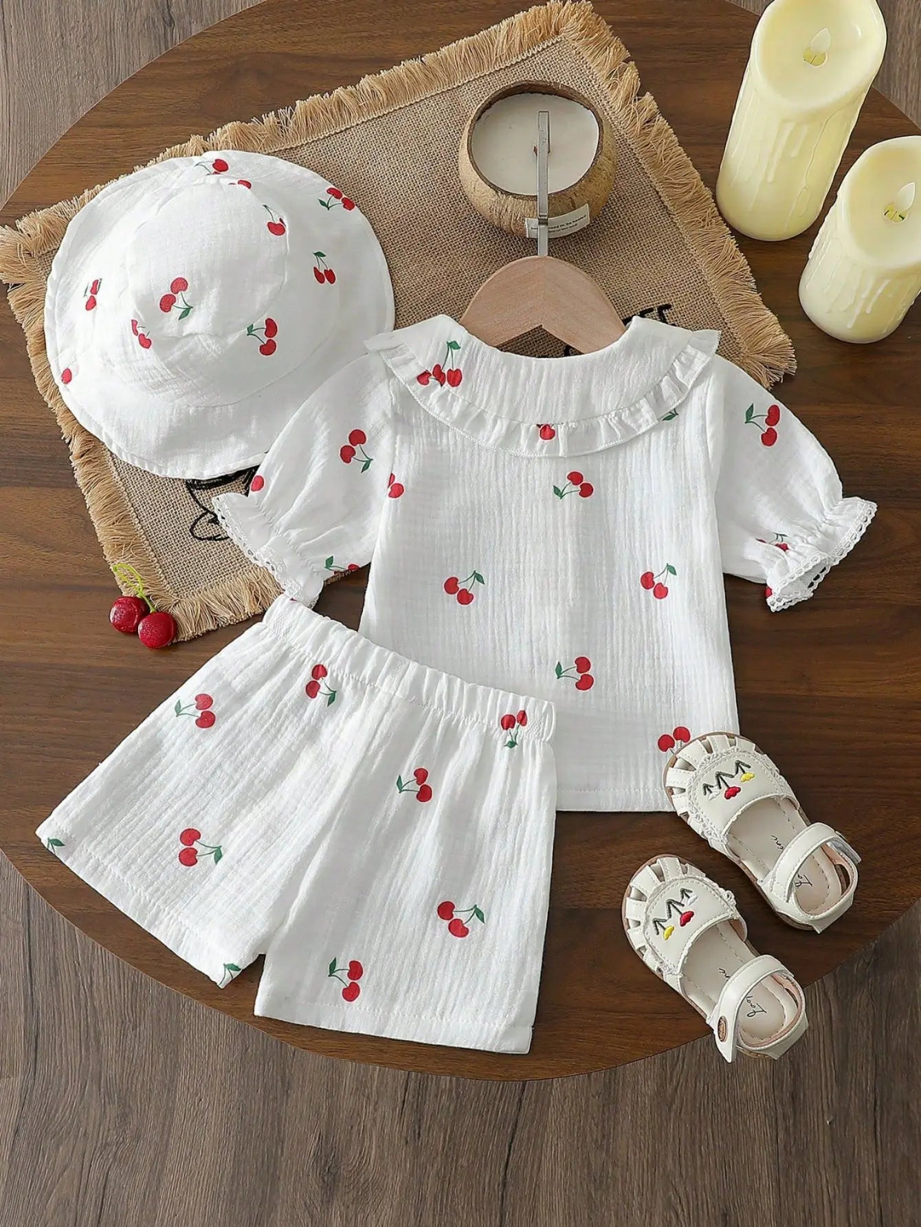 موضة 2025 صيف infant printed collar توب+shorts+hat طقم three piece طقم