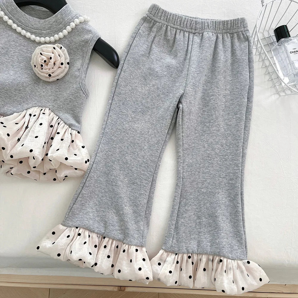 موضة 2025 صيف korean version كاجوال طقم قطعتين stretch بدون أكمام بدلة with color matching wave point فيست nine flared pants