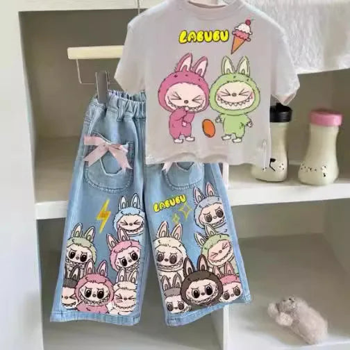 موضة 2025 صيف جديد cartoon print كاجوال ستايل أكمام قصيرة bow دينم pants children's two-piece بدلة