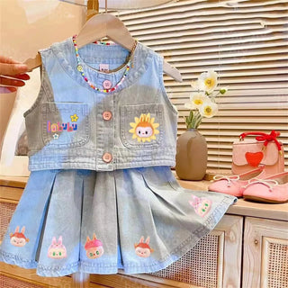 موضة 2025 صيف جديد children's fashionable two-piece بدلة بنات' ستايل غربي ستايل فيست جيب bows pattern custom logo size 2-9t