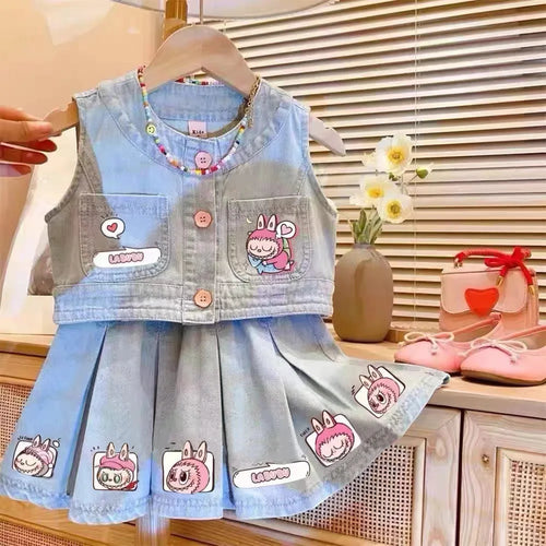 موضة 2025 صيف جديد children's fashionable two-piece بدلة بنات' ستايل غربي ستايل فيست جيب bows pattern custom logo size 2-9t