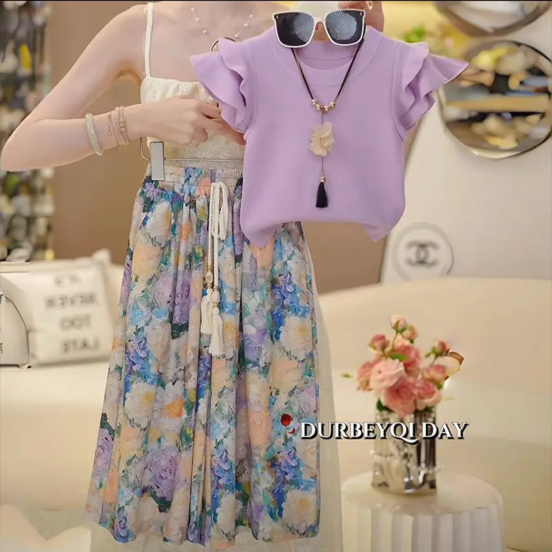 موضة 2025 صيف جديد بنت's foreign ستايل طقم قطعتين كم كشكش t-shirt mosquito proof pants fresh cotton print 5t for بنات