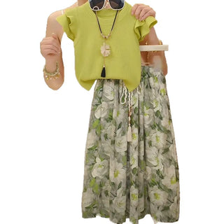 موضة 2025 صيف جديد بنت's foreign ستايل طقم قطعتين كم كشكش t-shirt mosquito proof pants fresh cotton print 5t for بنات