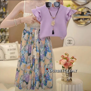 موضة 2025 صيف جديد بنت's foreign ستايل طقم قطعتين كم كشكش t-shirt mosquito proof pants fresh cotton print 5t for بنات