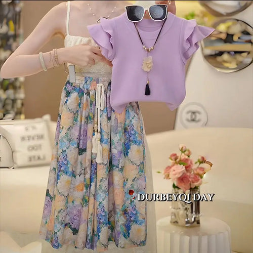 موضة 2025 صيف جديد بنت's foreign ستايل طقم قطعتين كم كشكش t-shirt mosquito proof pants fresh cotton print 5t for بنات