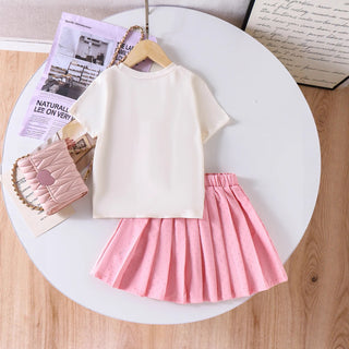 موضة 2025 صيف جديد بنت's طقم - cute أكمام قصيرةd t-shirt and بليسيه جيب طقم for children