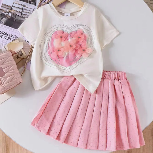 موضة 2025 صيف جديد بنت's طقم - cute أكمام قصيرةd t-shirt and بليسيه جيب طقم for children