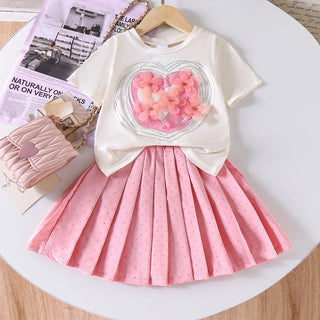 موضة 2025 صيف جديد بنت's طقم - cute أكمام قصيرةd t-shirt and بليسيه جيب طقم for children