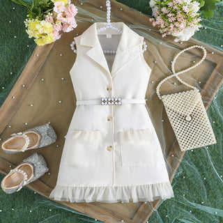 موضة 2025 صيف جديد بنات solid color بدون أكمام fashion فستان طقم قطعتين belt ruffles odm supply