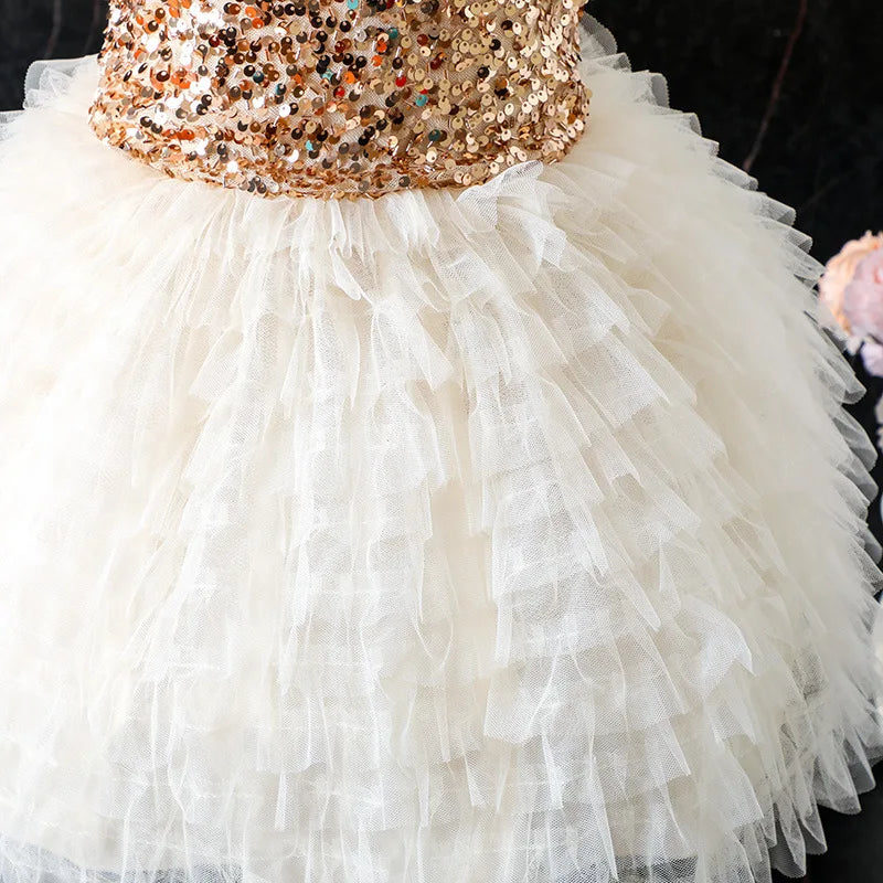 موضة 2025 صيف جديد أميرة ستايل بنات فستان children's knitted تل sequin فستان butterfly ربطة decoration طويل party ستايل