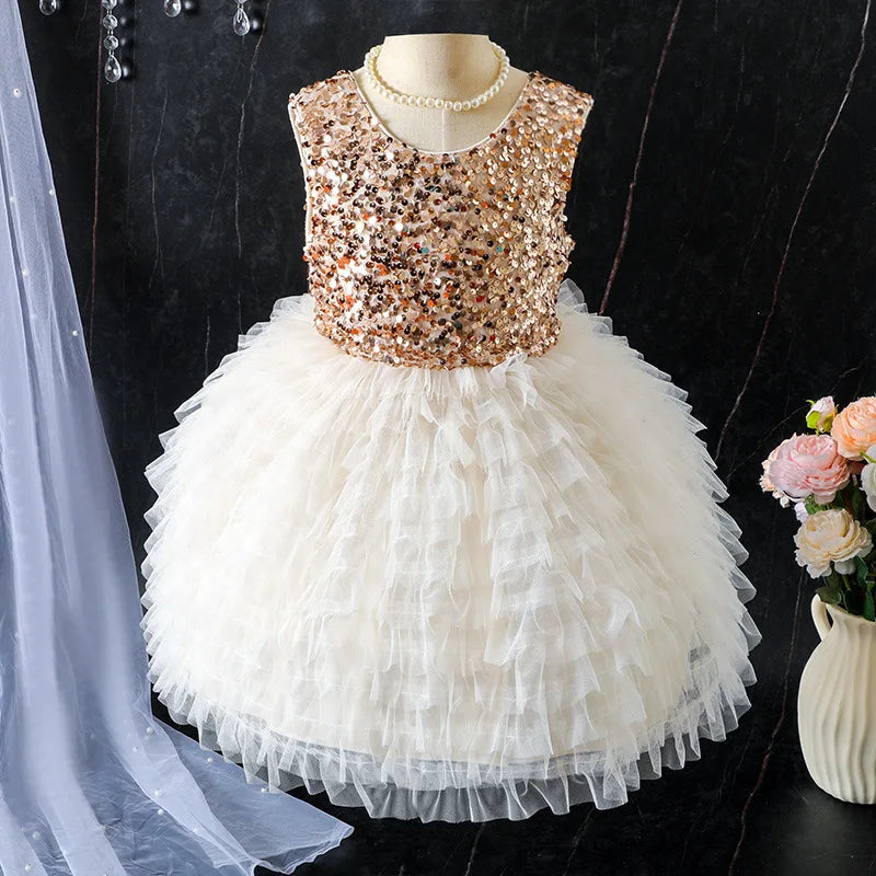 موضة 2025 صيف جديد أميرة ستايل بنات فستان children's knitted تل sequin فستان butterfly ربطة decoration طويل party ستايل