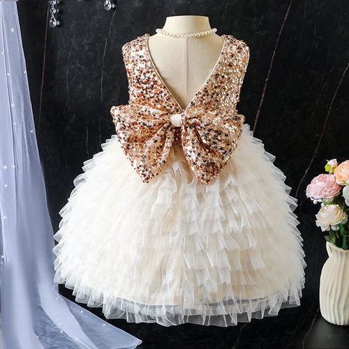 موضة 2025 صيف جديد أميرة ستايل بنات فستان children's knitted تل sequin فستان butterfly ربطة decoration طويل party ستايل