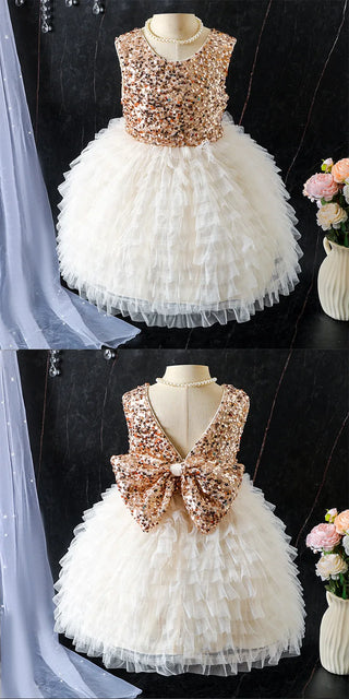 موضة 2025 صيف جديد أميرة ستايل بنات فستان children's knitted تل sequin فستان butterfly ربطة decoration طويل party ستايل