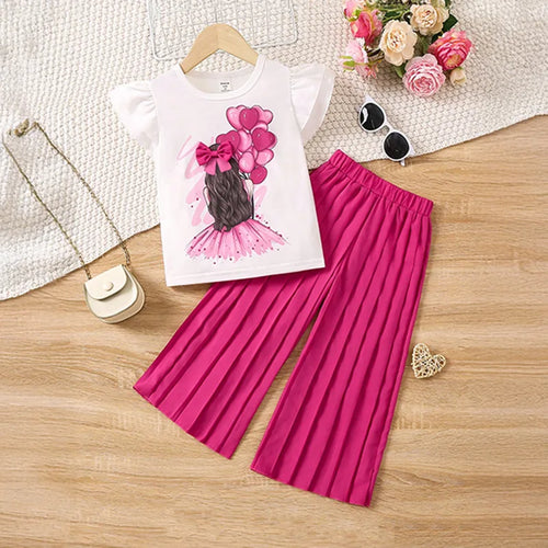 موضة 2025 صيف جديد white كم كشكش fashion jacket pants بدلة for small and medium بنات cotton printed cross-border بدلة