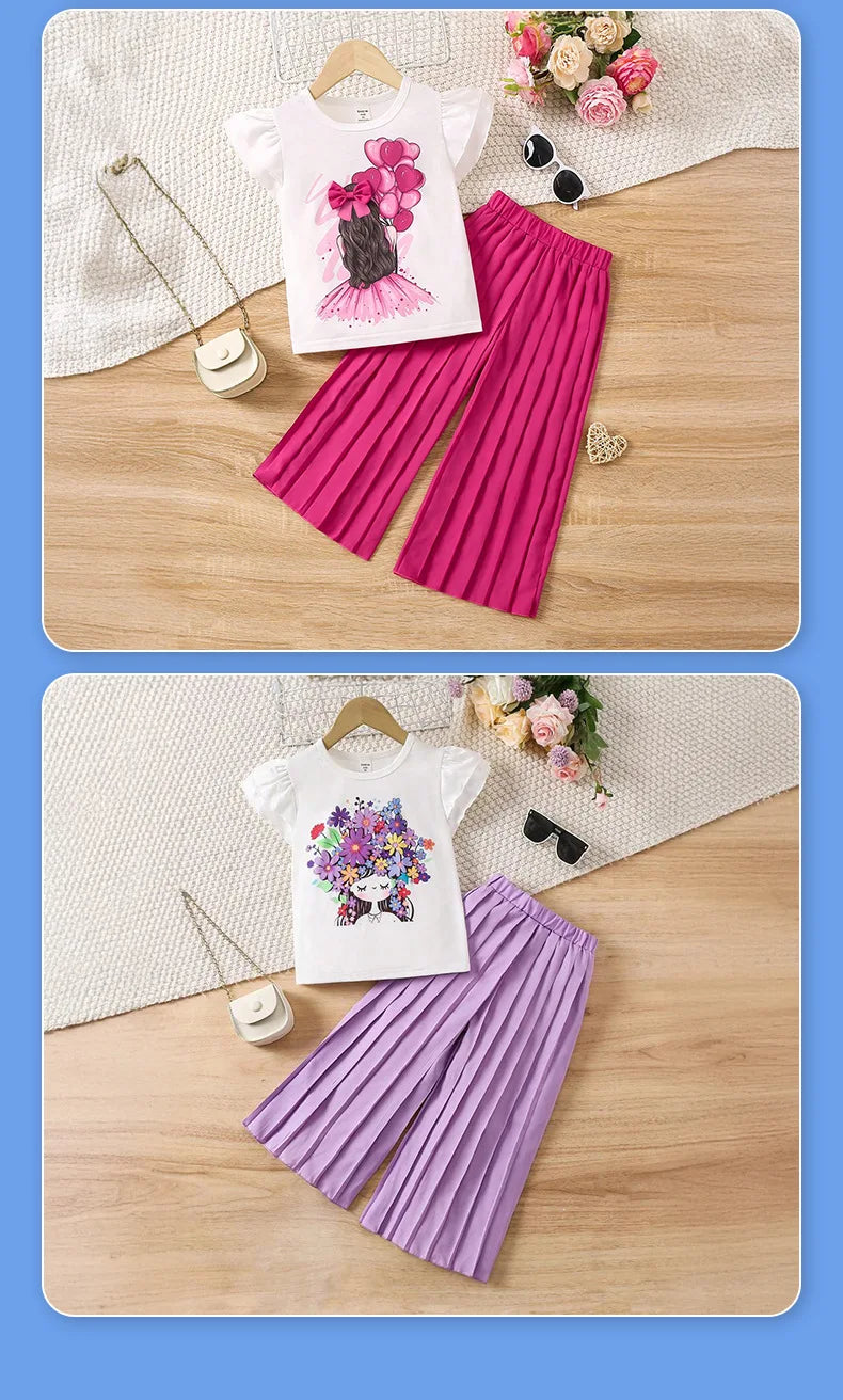 موضة 2025 صيف جديد white كم كشكش fashion jacket pants بدلة for small and medium بنات cotton printed cross-border بدلة