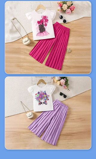 موضة 2025 صيف جديد white كم كشكش fashion jacket pants بدلة for small and medium بنات cotton printed cross-border بدلة