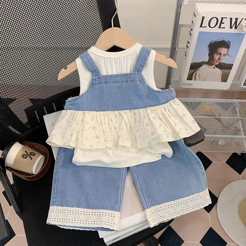 موضة 2025 صيف جديد women's children's كاجوال solid clothing دينم stitching belt bottoming shirt pants cute three-piece treasure 4t