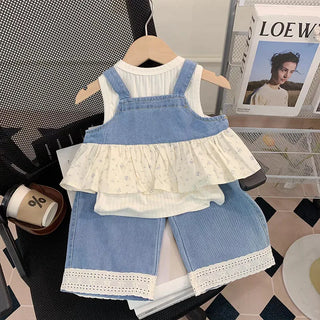 موضة 2025 صيف جديد women's children's كاجوال solid clothing دينم stitching belt bottoming shirt pants cute three-piece treasure 4t