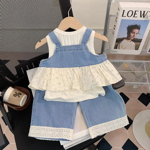موضة 2025 صيف جديد women's children's كاجوال solid clothing دينم stitching belt bottoming shirt pants cute three-piece treasure 4t