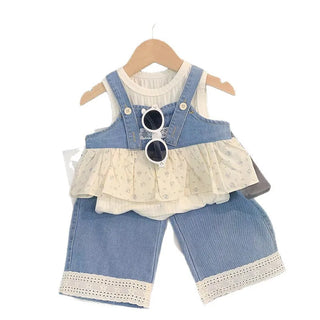 موضة 2025 صيف جديد women's children's كاجوال solid clothing دينم stitching belt bottoming shirt pants cute three-piece treasure 4t