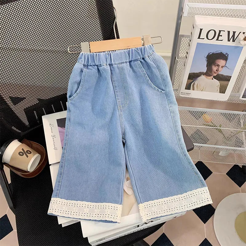 موضة 2025 صيف جديد women's children's كاجوال solid clothing دينم stitching belt bottoming shirt pants cute three-piece treasure 4t