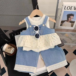 موضة 2025 صيف جديد women's children's كاجوال solid clothing دينم stitching belt bottoming shirt pants cute three-piece treasure 4t