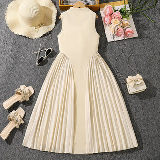 موضة 2025 صيف teenage wear stand collar temperament بليسيه splicing بدون أكمام طويل dresses أطفال بنات فستان