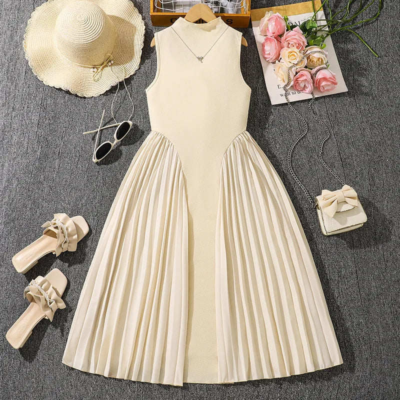 موضة 2025 صيف teenage wear stand collar temperament بليسيه splicing بدون أكمام طويل dresses أطفال بنات فستان