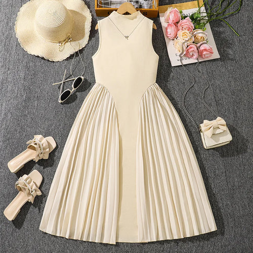 موضة 2025 صيف teenage wear stand collar temperament بليسيه splicing بدون أكمام طويل dresses أطفال بنات فستان