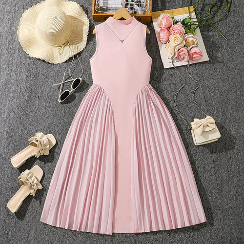 موضة 2025 صيف teenage pink green wear stand collar temperament بليسيه splicing بدون أكمام طويل dresses أطفال بنات فستان