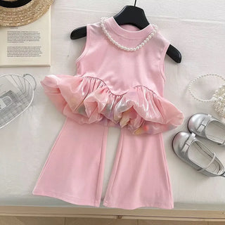 موضة 2025 صيف pink كاجوال طقم قطعتين stretch بدون أكمام بدلة with color matching wave point فيست nine flared pants