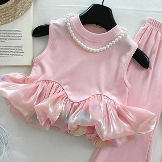 موضة 2025 صيف pink كاجوال طقم قطعتين stretch بدون أكمام بدلة with color matching wave point فيست nine flared pants