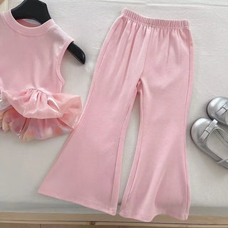 موضة 2025 صيف pink كاجوال طقم قطعتين stretch بدون أكمام بدلة with color matching wave point فيست nine flared pants