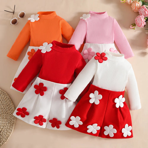 موضة 2025 sweet and fashionable baby بنت small high neck decal أكمام طويلةd توب fabric decal shorts طقم