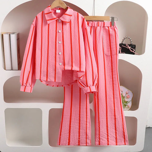 موضة 2025 teenager's ربيع fall pink red striped أكمام طويلةd بدلة طقم 2 pcs garment طقم 8-12y
