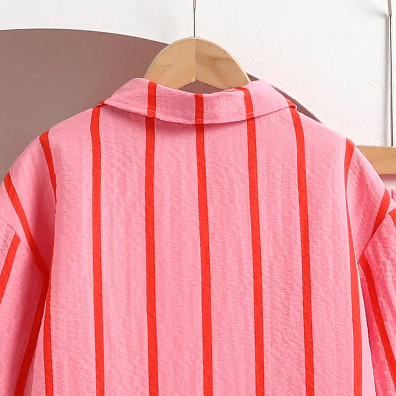 موضة 2025 teenager's ربيع fall pink red striped أكمام طويلةd بدلة طقم 2 pcs garment طقم 8-12y