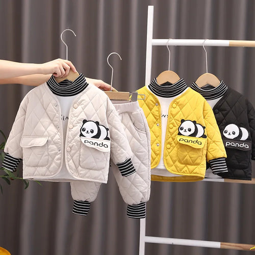 موضة 2025 شتاء جديد بنات korean diamond panda cotton أكمام طويلة coat طقم كاجوال solid ستايل three-piece outfit for أطفال