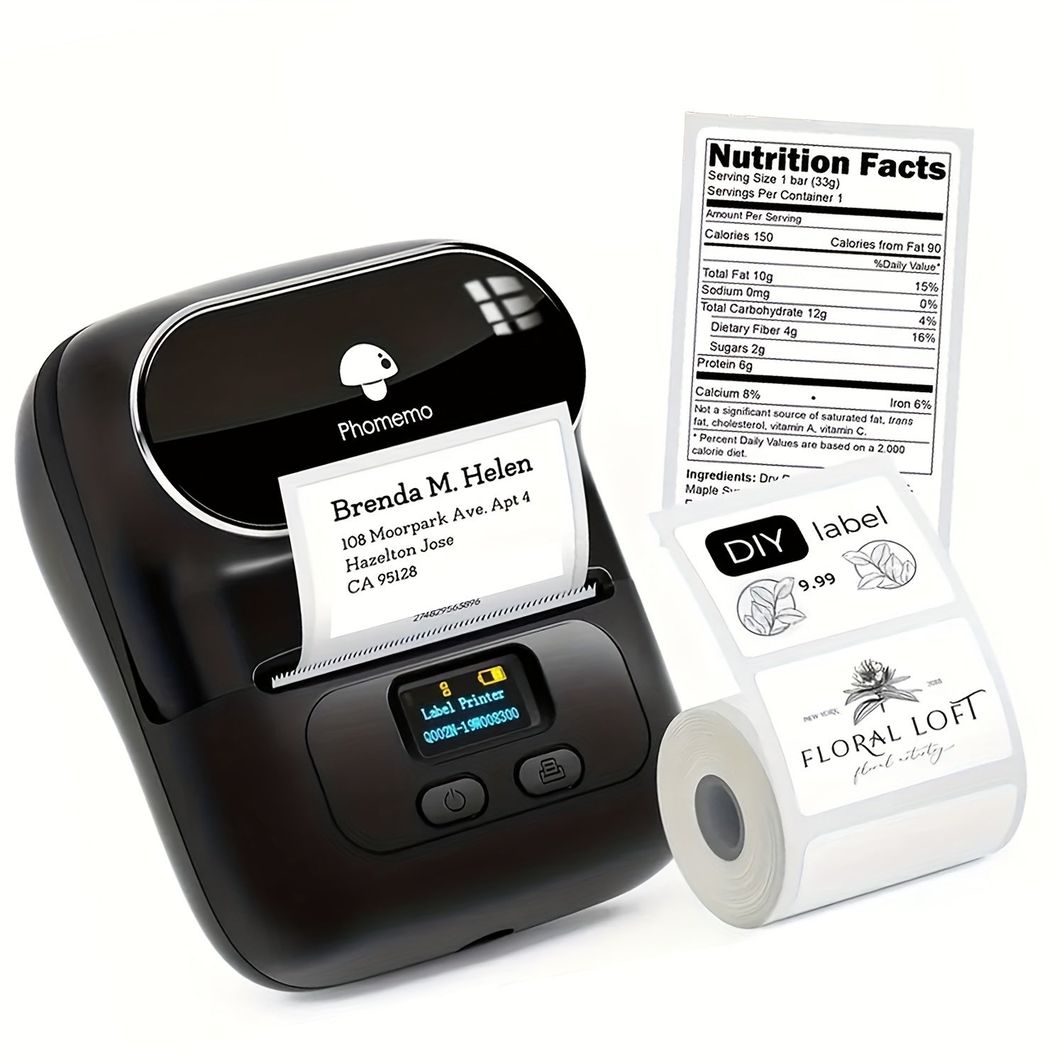 Phomemo M110 Label Makers - طابعة ملصقات حرارية محمولة لطباعة الباركود والملابس والمجوهرات والتجزئة والبريد، متوافقة مع نظام Android و IOS، مع 1 عبوة 40×30 مم 1.57"×1.18" ملصق