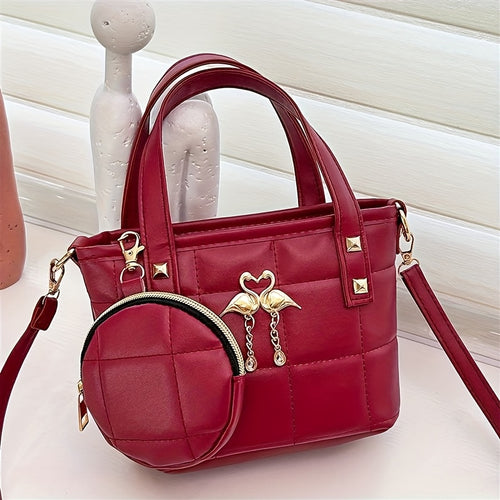 2pcs Women'S Handbag Set, Swan Plaid Tote - Zipper Closure, PU Material Women'S Crossbody Bag, Stylish Makeup Bag, Detachable Shoulder Strap, Lightweight and Fashionable Minimalist Design, Suitable for Various Occasions to Accompany Your iPad, Books, Umbr