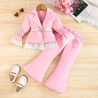 25 خريف/شتاء جديد بنات' أكمام طويلةd pants white waistband توب with white lace cuffs paired with a two-piece بدلة