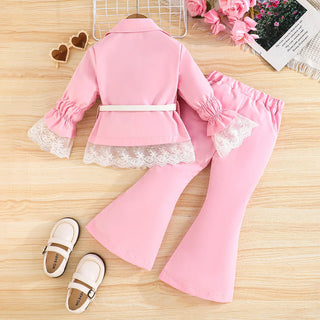 25 خريف/شتاء جديد بنات' أكمام طويلةd pants white waistband توب with white lace cuffs paired with a two-piece بدلة