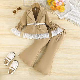 25 خريف/شتاء جديد بنات' أكمام طويلةd pants white waistband توب with white lace cuffs paired with a two-piece بدلة
