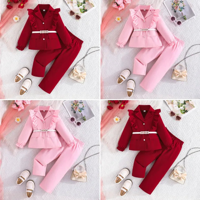 25 خريف/شتاء جديد بنات' and children's أكمام طويلةd white waistband توب ruffled edge بدلة jacket، طويل pants three piece طقم