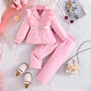 25 خريف/شتاء جديد بنات' and children's أكمام طويلةd white waistband توب ruffled edge بدلة jacket، طويل pants three piece طقم